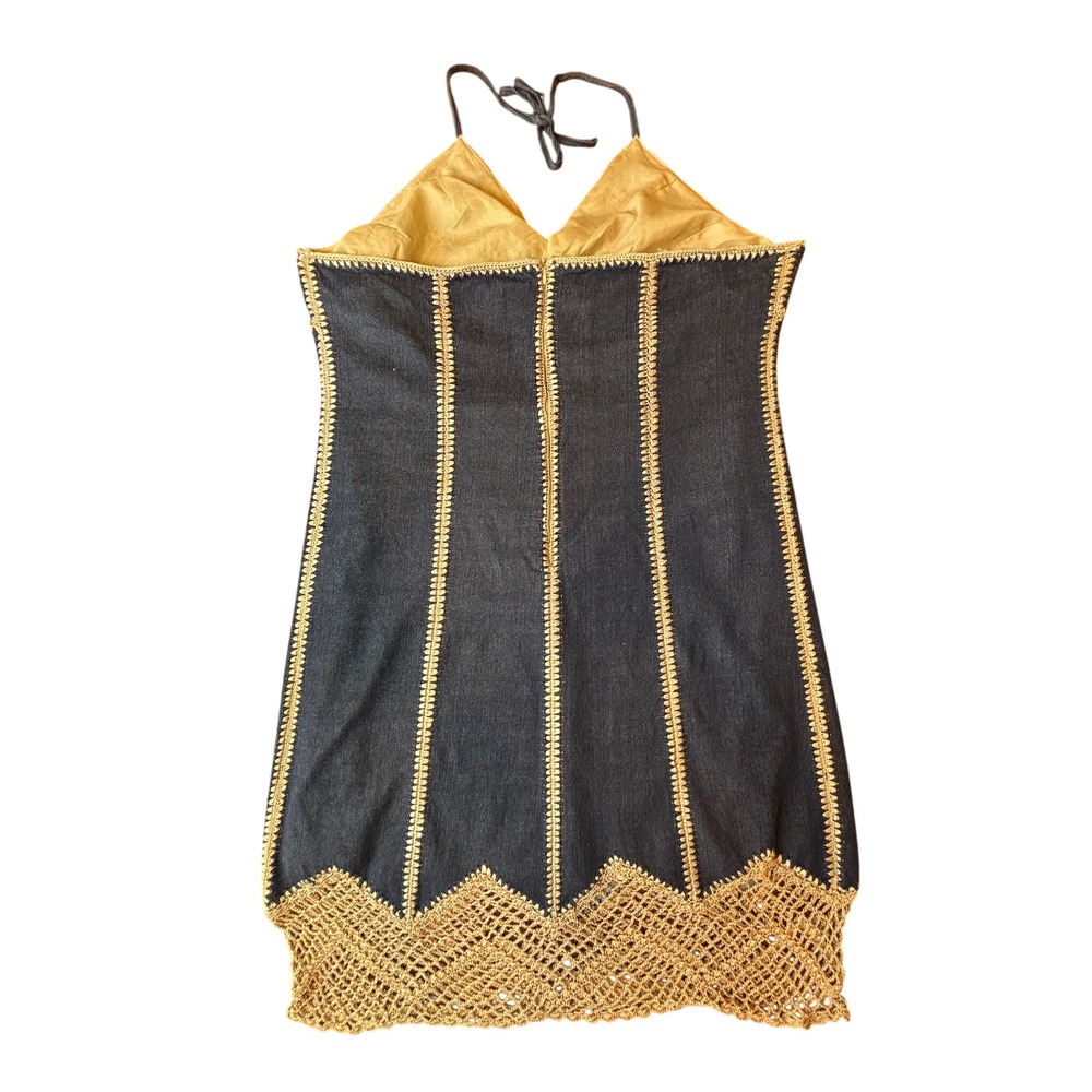 Boho Crochet Ashley Stewart Denim Halter Dress Midi Blue Vintage - Picture 9 of 12